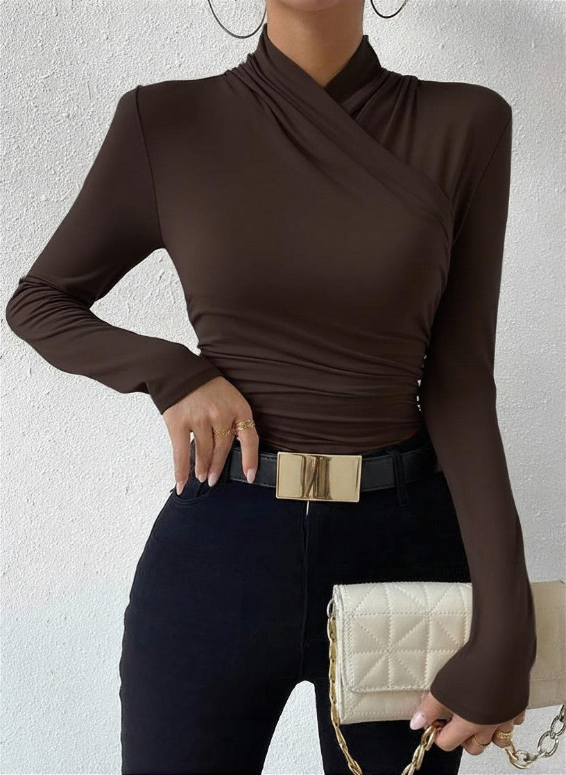 Cora Long Sleeve Crop Top | Cross-Over Collar, Slim Fit, Jersey