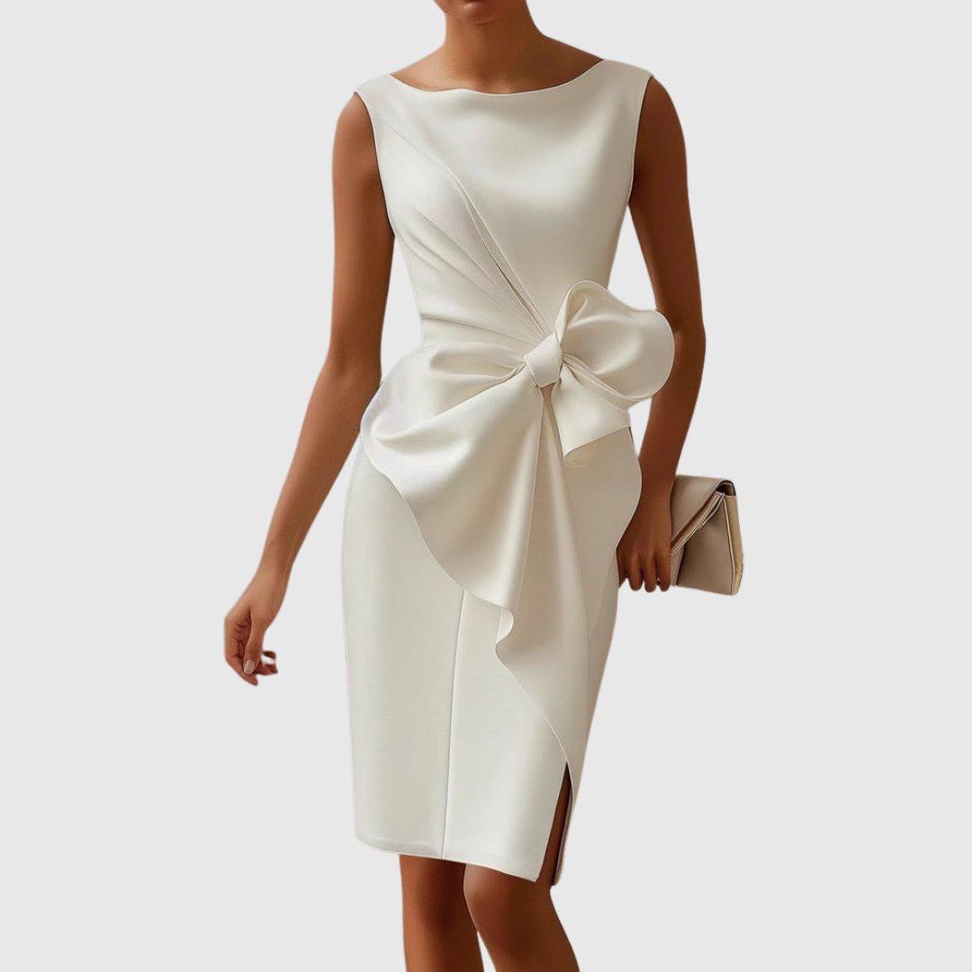 Ainsley White Midi Dress | Elegant Sleeveless Design, Asymmetrical Drape 4