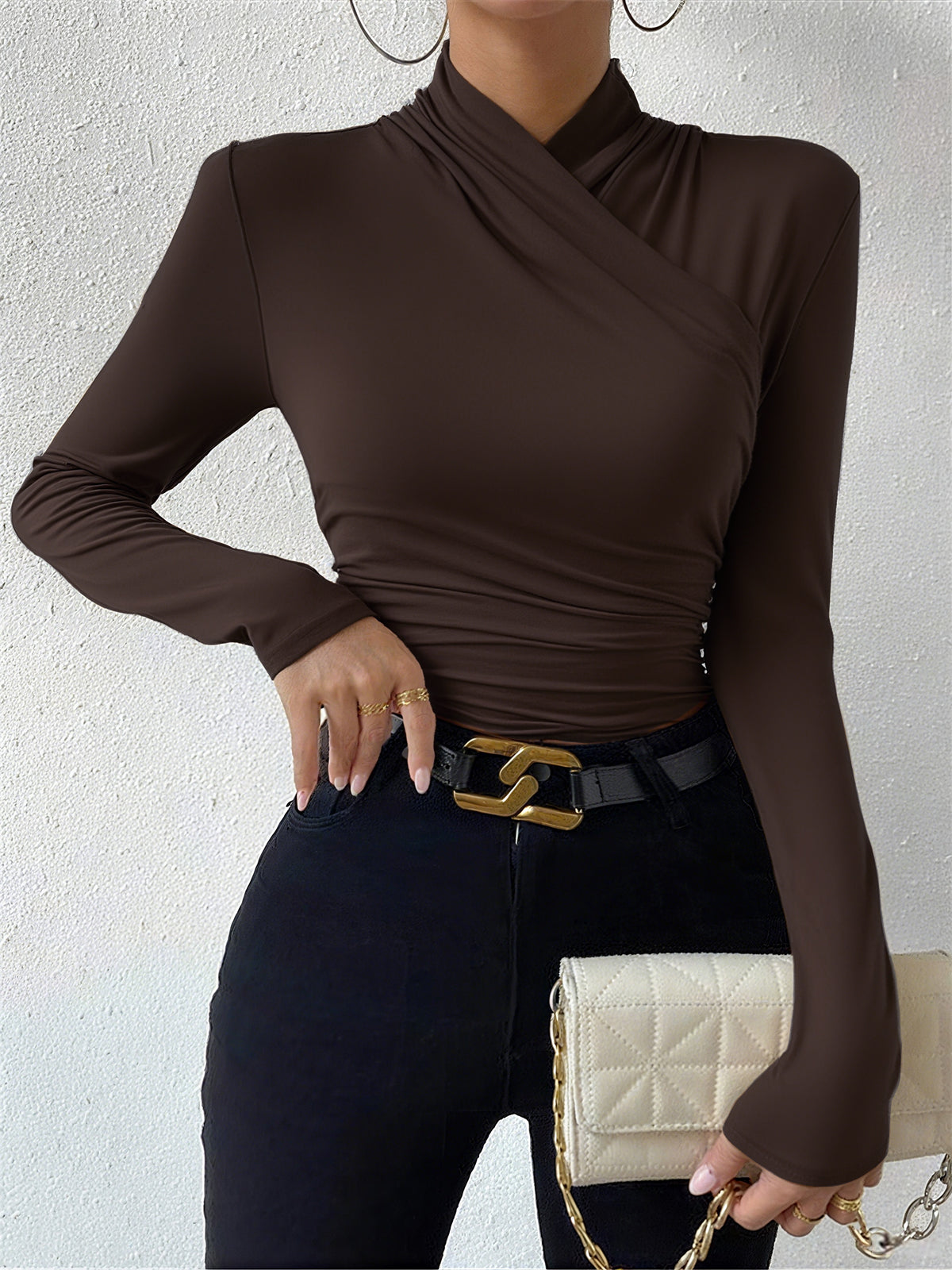 Cora Long Sleeve Crop Top | Cross-Over Collar, Slim Fit, Jersey 9