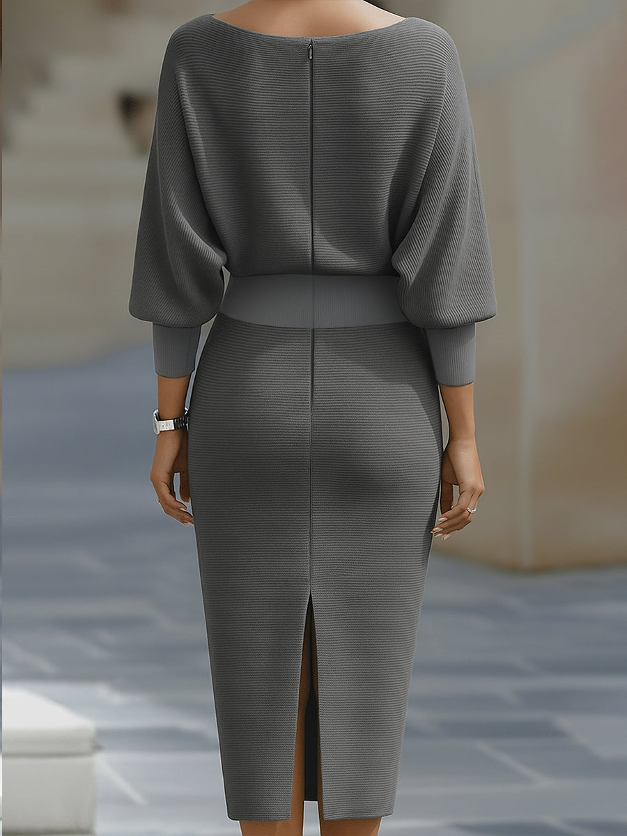 Mira Midi Dress | White Draped Cowl Neck, Batwing Sleeves, Formal 8