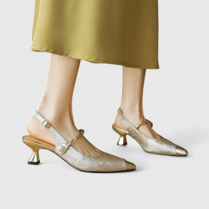 Sera Block Heel Wedding Shoes | Comfortable Pearl Strap, Floral Texture 5