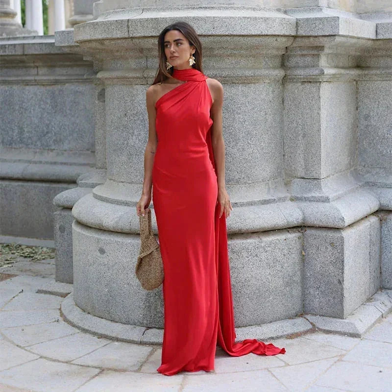 Wendy Long Dress | Elegant Draped Design, Unique Asymmetrical Strap - Perfect for Wedding Guests and Summer Events 11