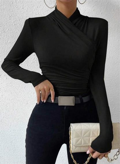Cora Long Sleeve Crop Top | Cross-Over Collar, Slim Fit, Jersey