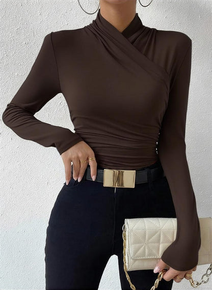 Cora Long Sleeve Crop Top | Cross-Over Collar, Slim Fit, Jersey
