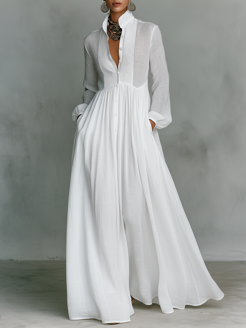 Celia Maxi Dress | Long Sleeve, Collared Button Front, Pleated Skirt 0