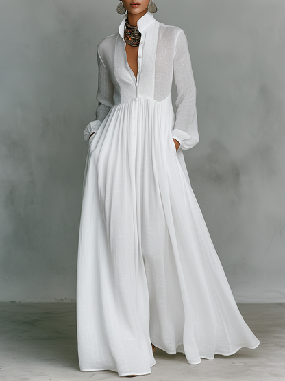 Celia Maxi Dress | Long Sleeve, Collared Button Front, Pleated Skirt 0