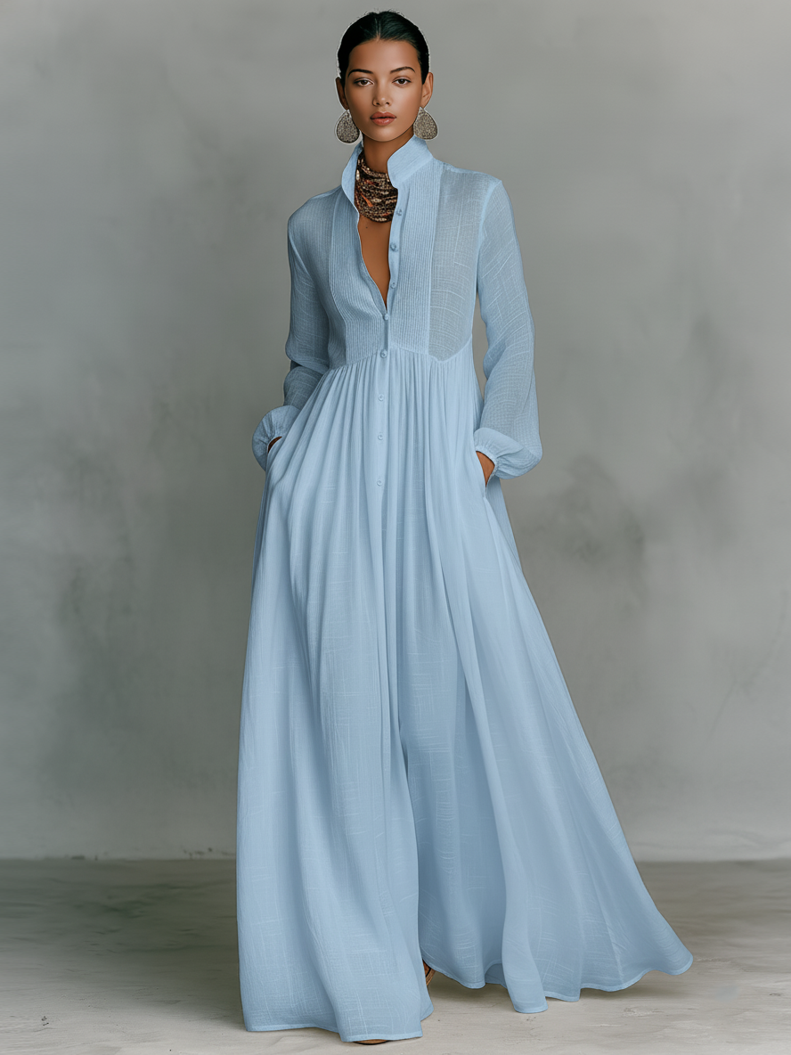 Celia Maxi Dress | Long Sleeve, Collared Button Front, Pleated Skirt 2