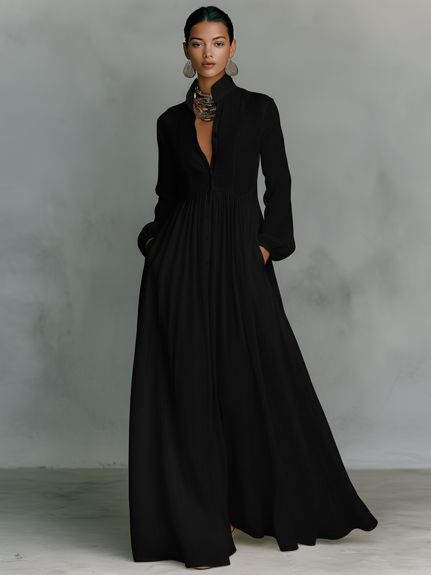 Celia Maxi Dress | Long Sleeve, Collared Button Front, Pleated Skirt 3