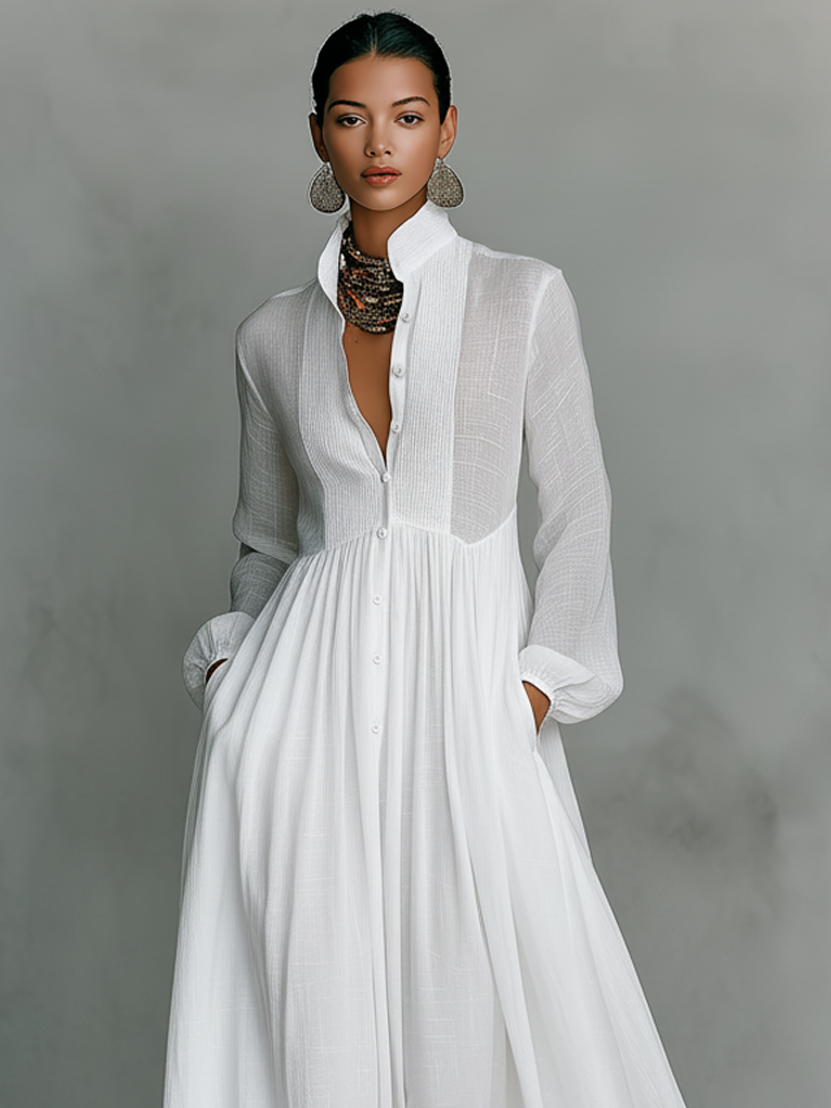 Celia Maxi Dress | Long Sleeve, Collared Button Front, Pleated Skirt 4