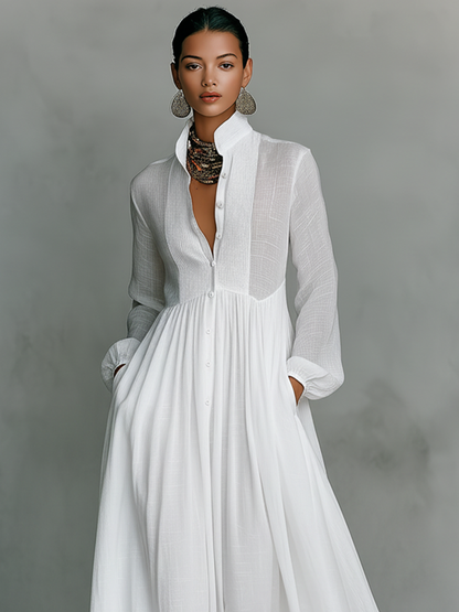 Celia Maxi Dress | Long Sleeve, Collared Button Front, Pleated Skirt 4
