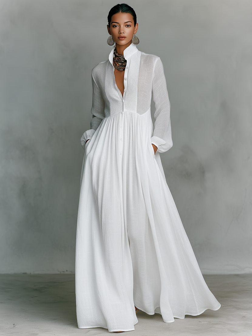Celia Maxi Dress | Long Sleeve, Collared Button Front, Pleated Skirt 6