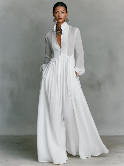 Celia Maxi Dress | Long Sleeve, Collared Button Front, Pleated Skirt 6