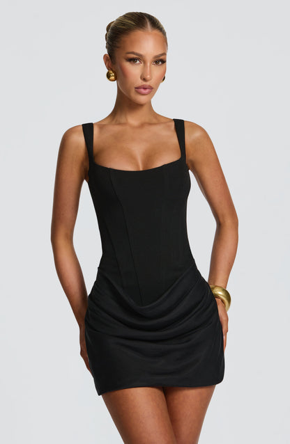 Cora Black Dress | Structured Crepe, Elegant Mini Cocktail Dress 0