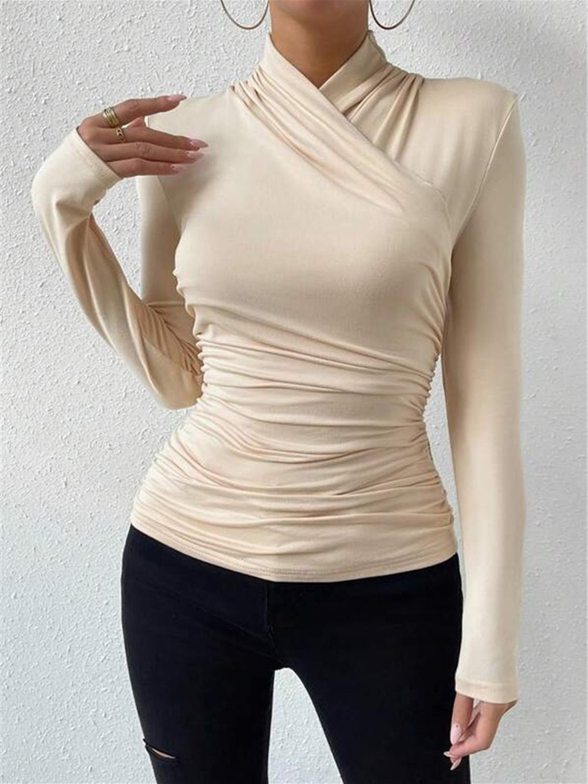 Cora Long Sleeve Crop Top | Cross-Over Collar, Slim Fit, Jersey 3