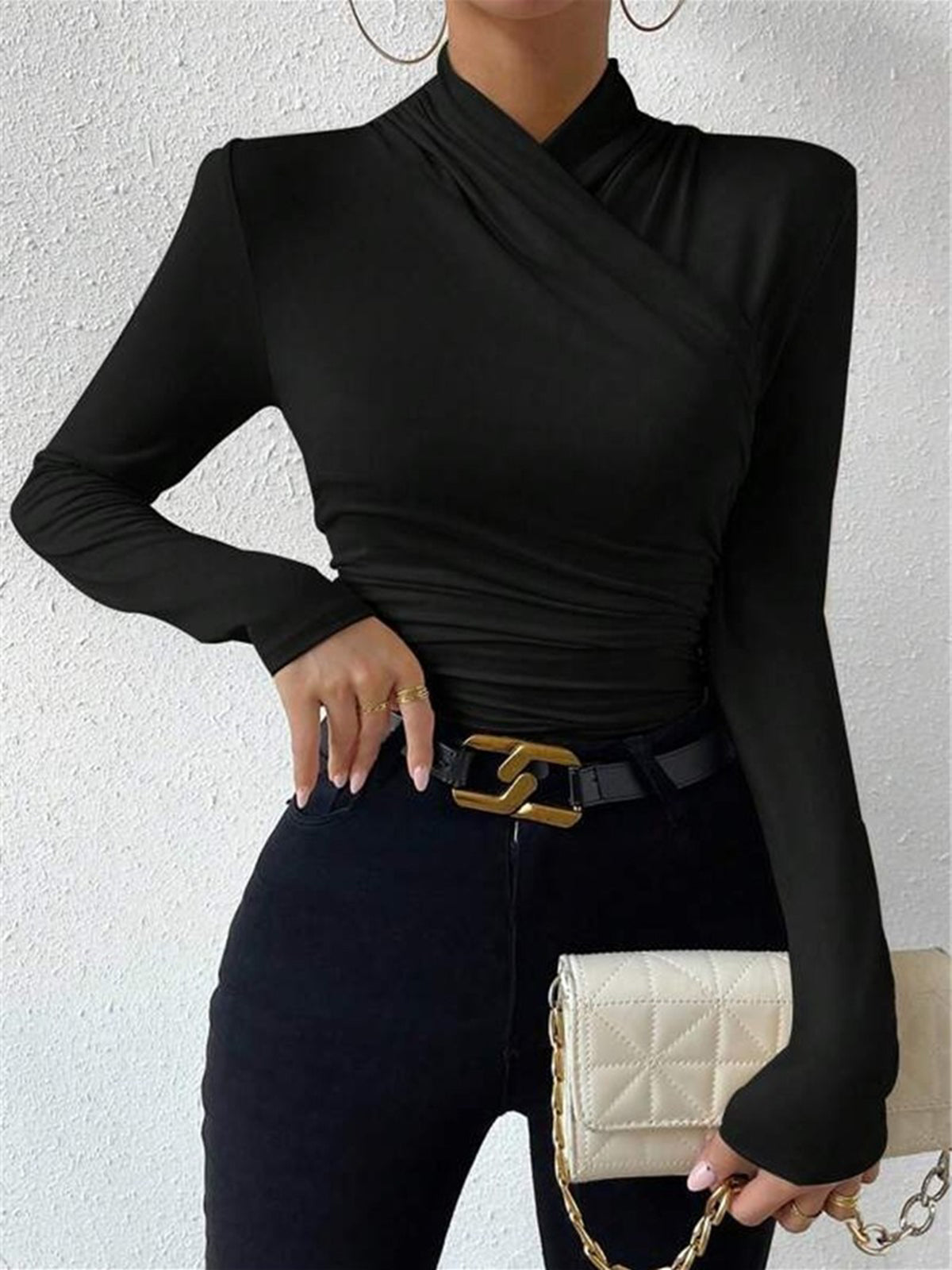 Cora Long Sleeve Crop Top | Cross-Over Collar, Slim Fit, Jersey 6