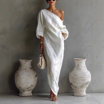 Daisy One Shoulder Dress | Textured Linen, Asymmetrical Hem, Summer Style 0