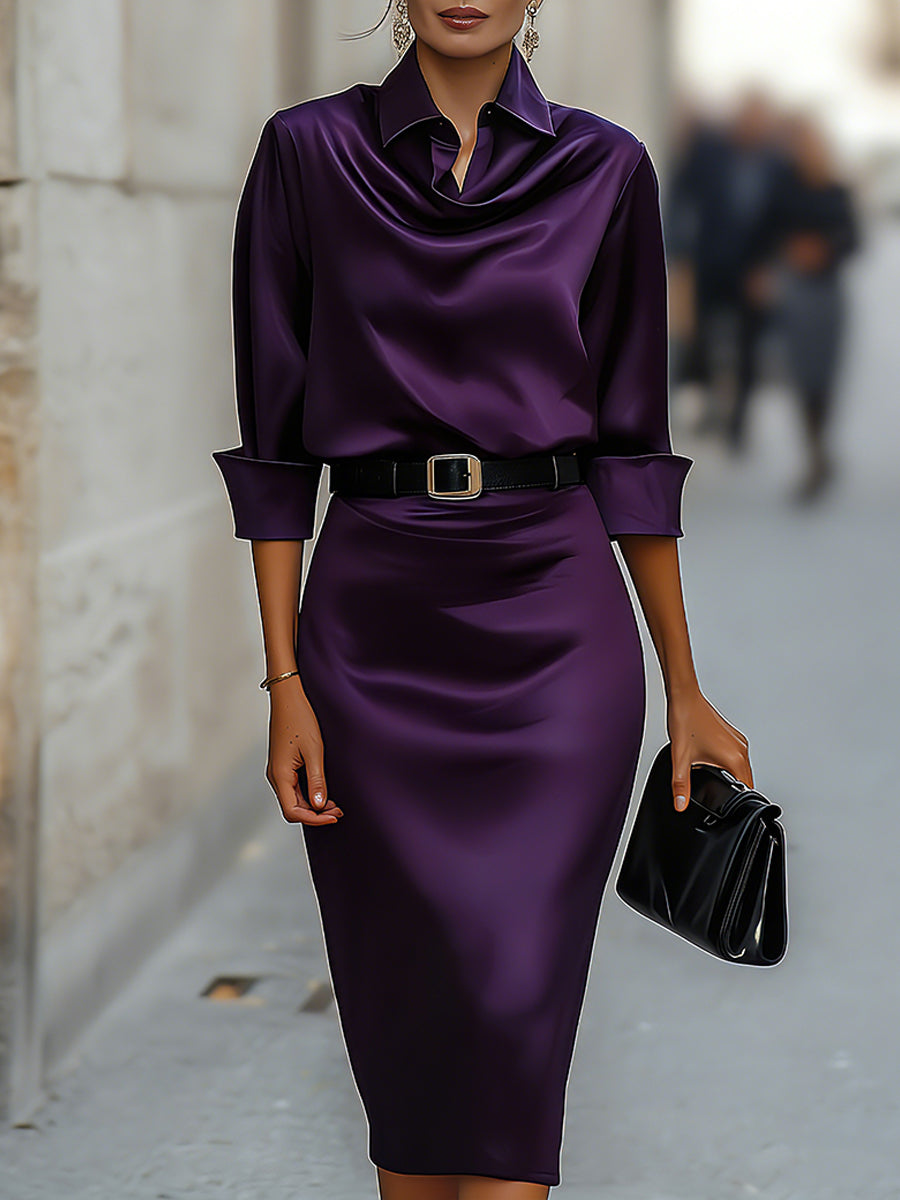 Dara Midi Dress | Satin Draped-Collar, Elegant Wedding Guest Dress 6