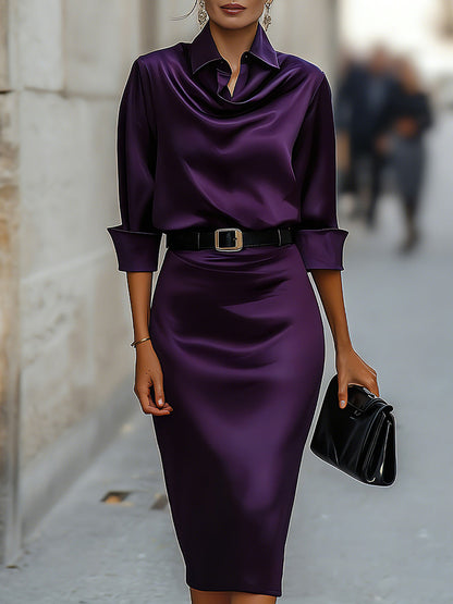 Dara Midi Dress | Satin Draped-Collar, Elegant Wedding Guest Dress 6