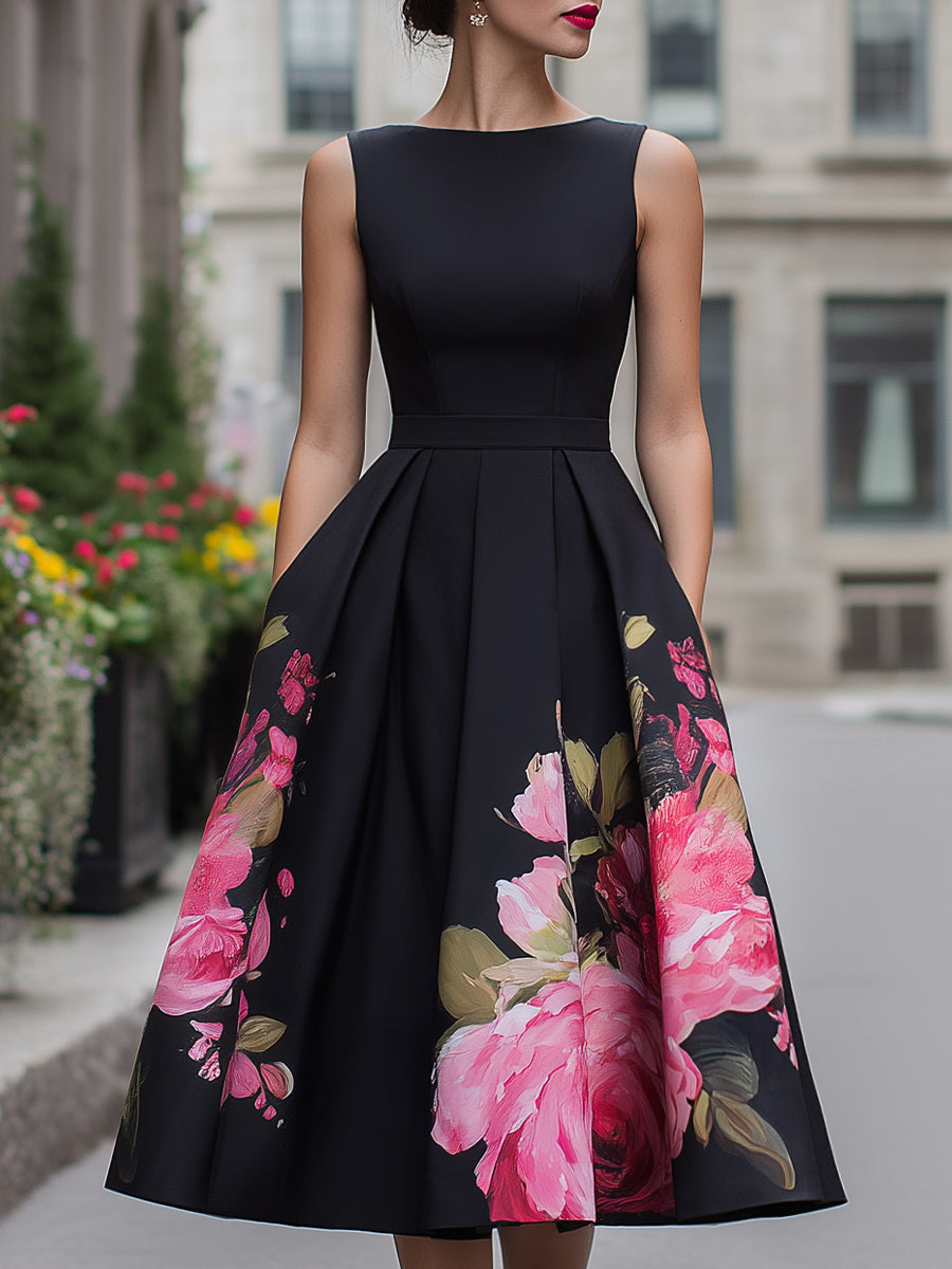 Elysia Black Dress | Floral A-Line Midi for Formal Events 0