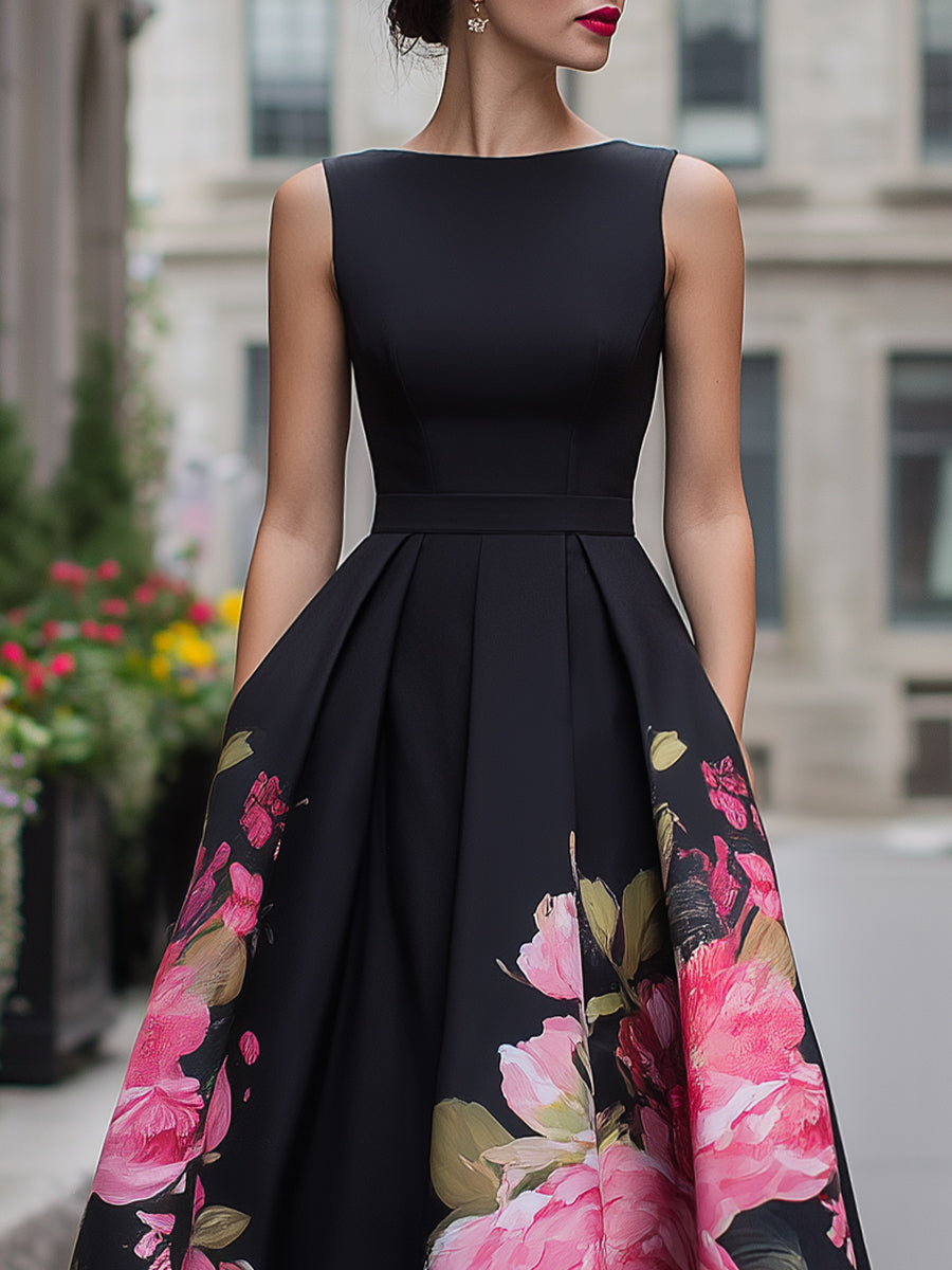 Elysia Black Dress | Floral A-Line Midi for Formal Events 1