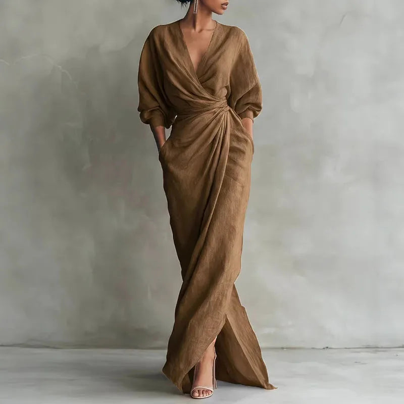 Elysia Maxi Dress | Sculpted Silhouette, Deep V-Neck, Long Sleeves 2