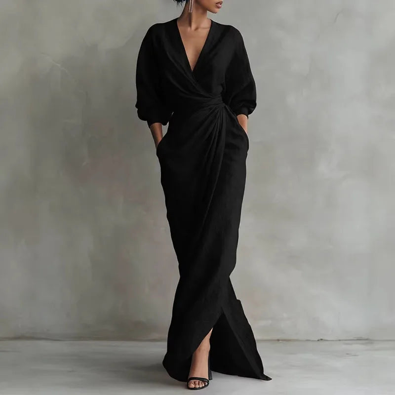 Elysia Maxi Dress | Sculpted Silhouette, Deep V-Neck, Long Sleeves 4