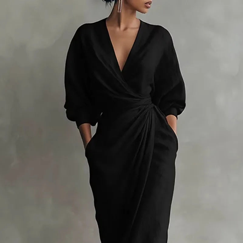 Elysia Maxi Dress | Sculpted Silhouette, Deep V-Neck, Long Sleeves 5
