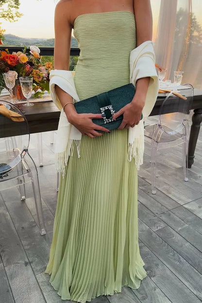 Gina Long Dress | Elegant Green Pleated Formal Dress for Wedding Guests 0
