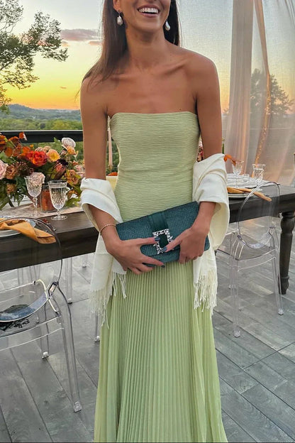 Gina Long Dress | Elegant Green Pleated Formal Dress for Wedding Guests 1