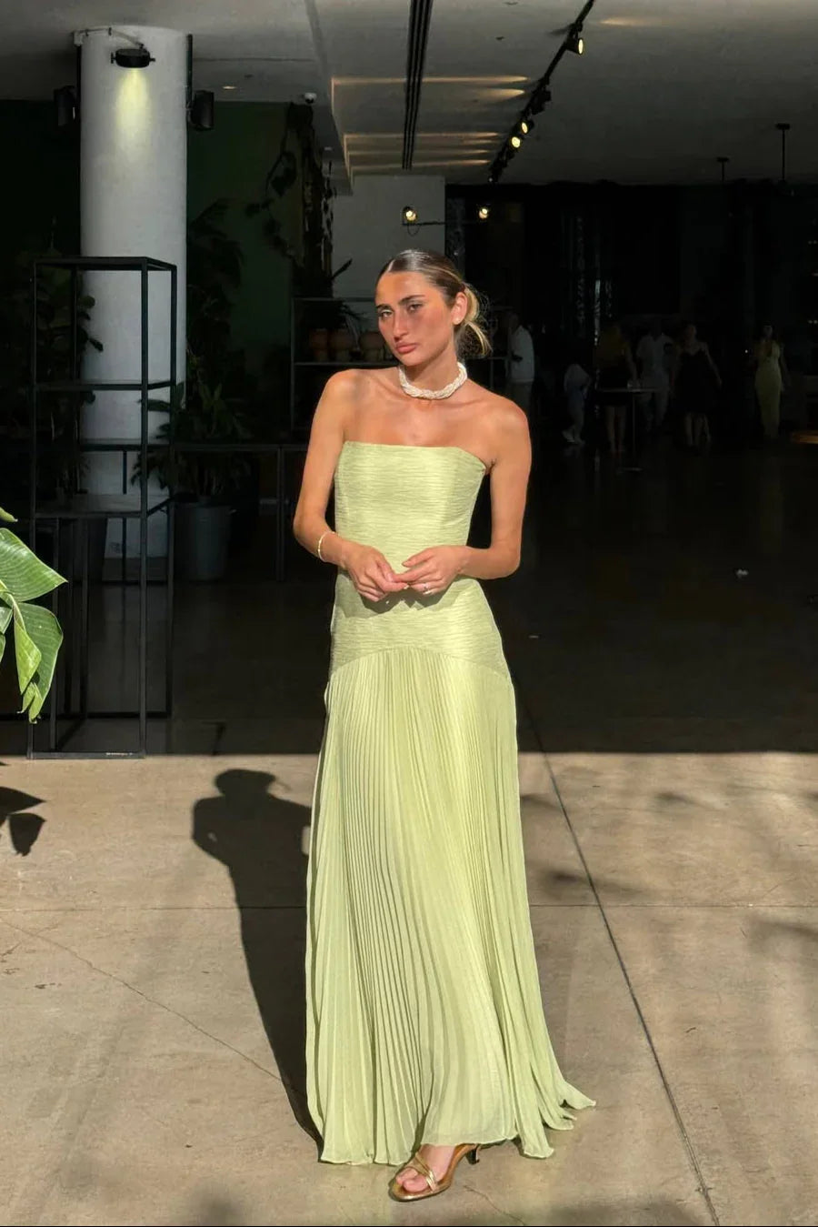 Gina Long Dress | Elegant Green Pleated Formal Dress for Wedding Guests 4