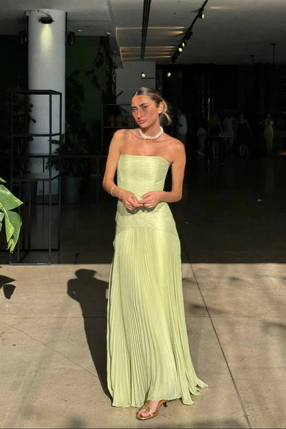 Gina Long Dress | Elegant Green Pleated Formal Dress for Wedding Guests 4