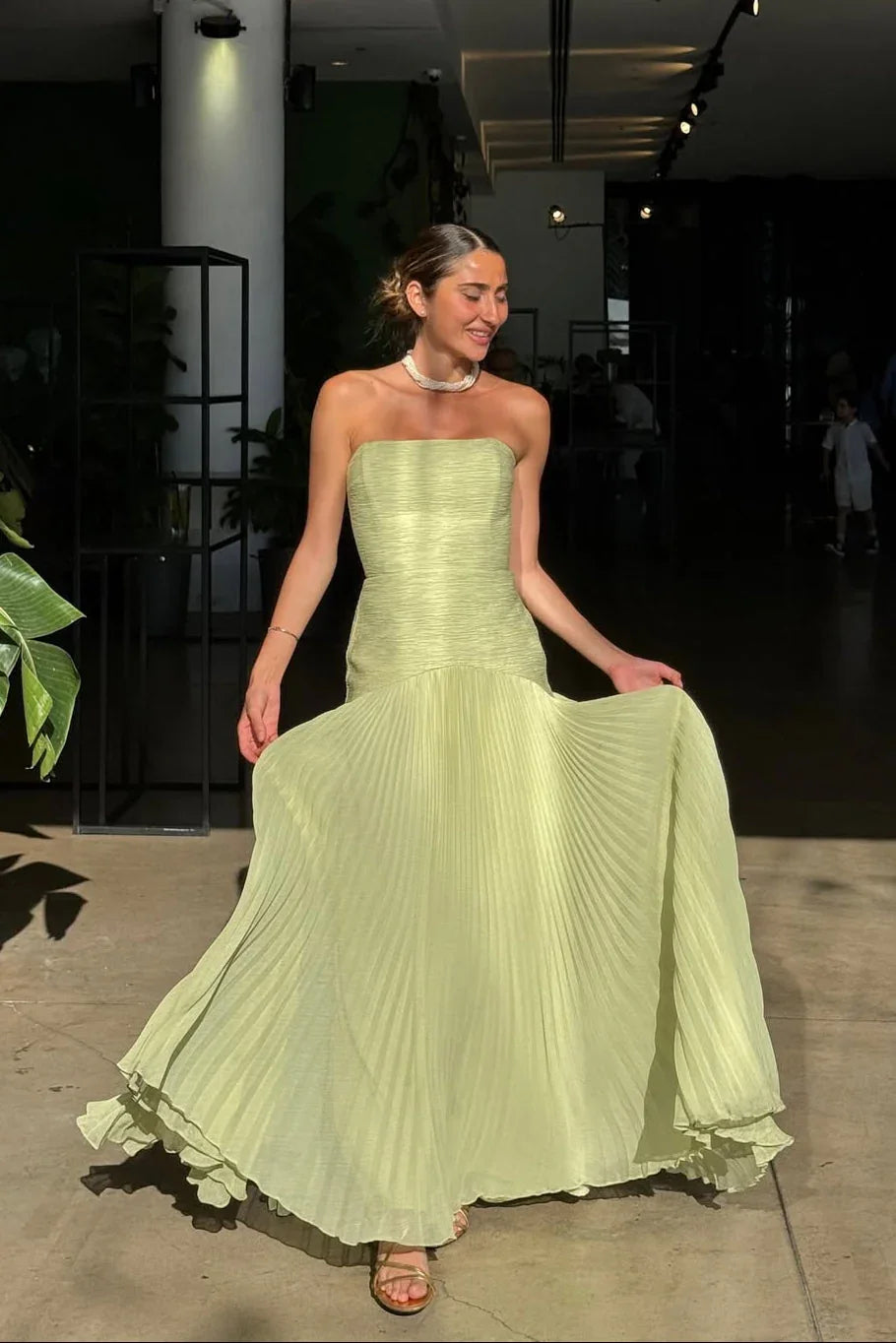 Gina Long Dress | Elegant Green Pleated Formal Dress for Wedding Guests 5