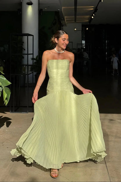 Gina Long Dress | Elegant Green Pleated Formal Dress for Wedding Guests 5