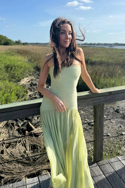 Gina Long Dress | Elegant Green Pleated Formal Dress for Wedding Guests 6