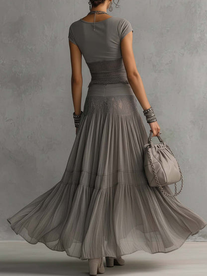 Glenna Two-Piece Set | Sheer Lace Top and Pleated Maxi Skirt for Summer and Formal Events 1
