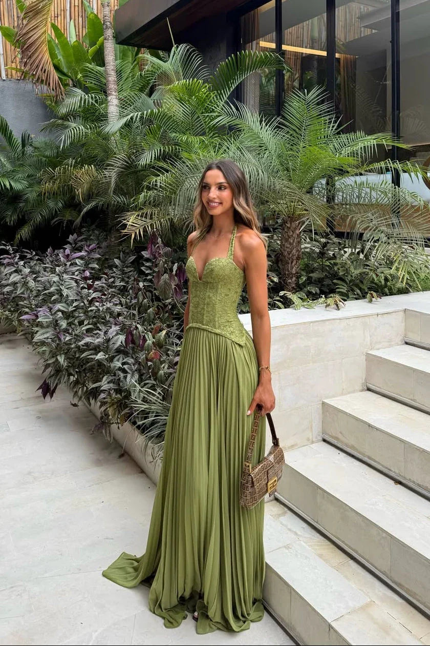 Glimmer Midi Dress | Green Corset, Pleated Skirt for Summer Parties 0