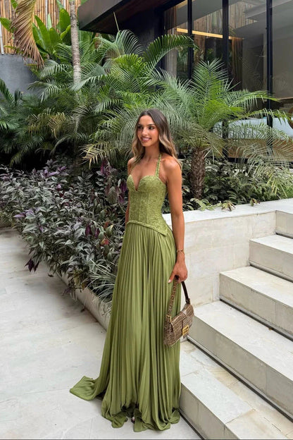 Glimmer Midi Dress | Green Corset, Pleated Skirt for Summer Parties 0