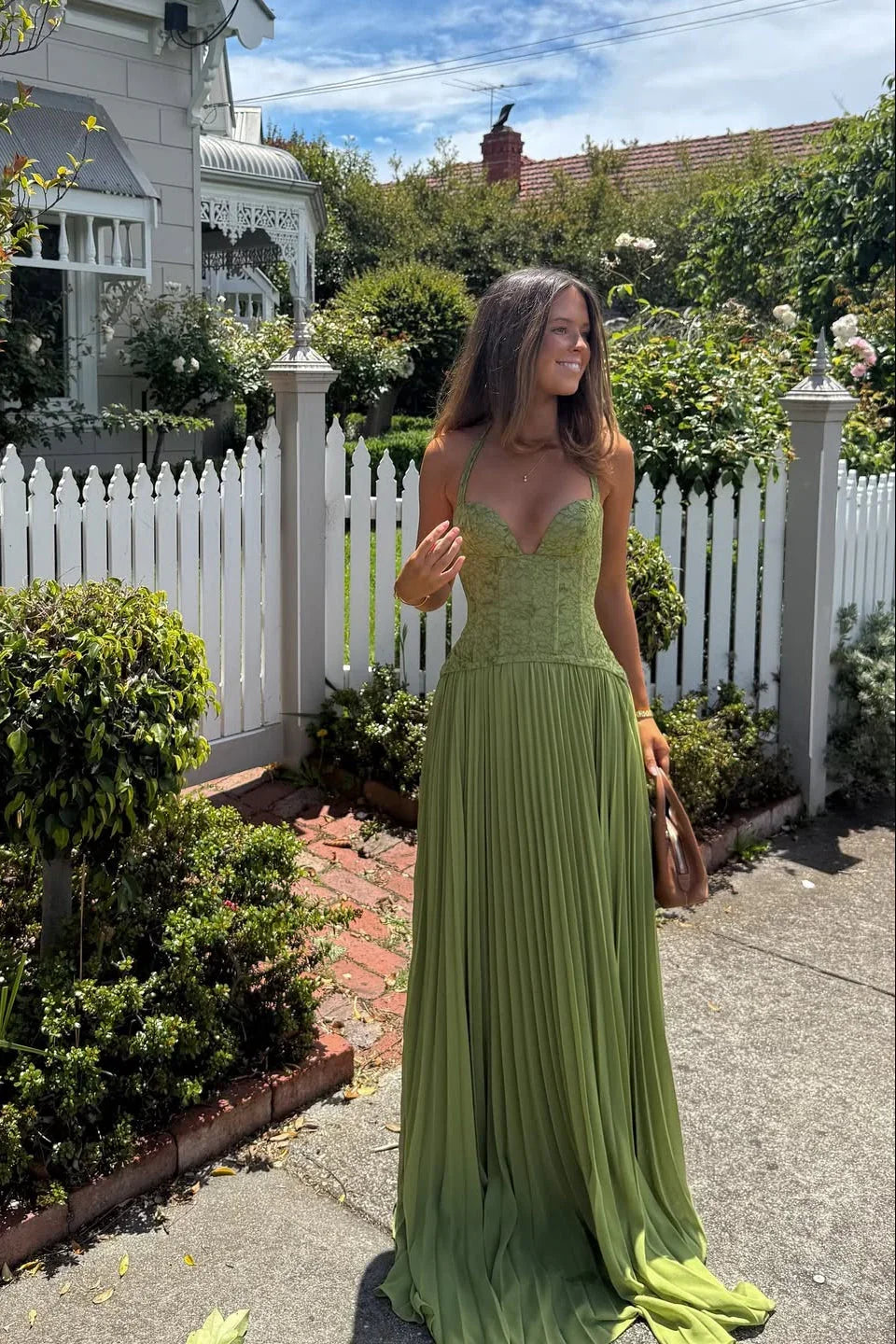 Glimmer Midi Dress | Green Corset, Pleated Skirt for Summer Parties 1