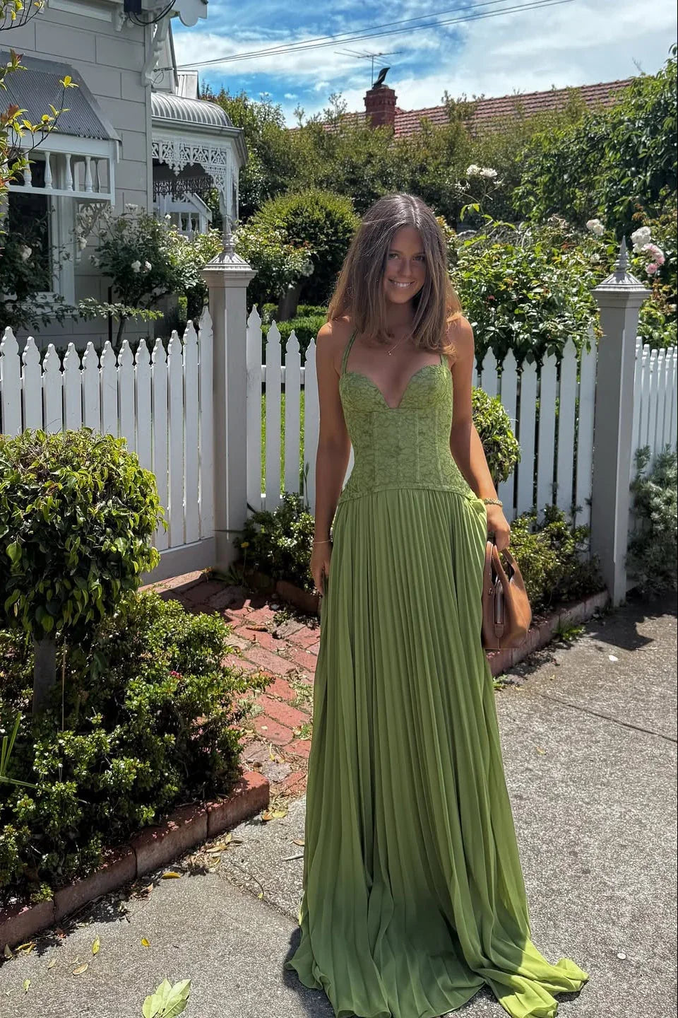 Glimmer Midi Dress | Green Corset, Pleated Skirt for Summer Parties 3