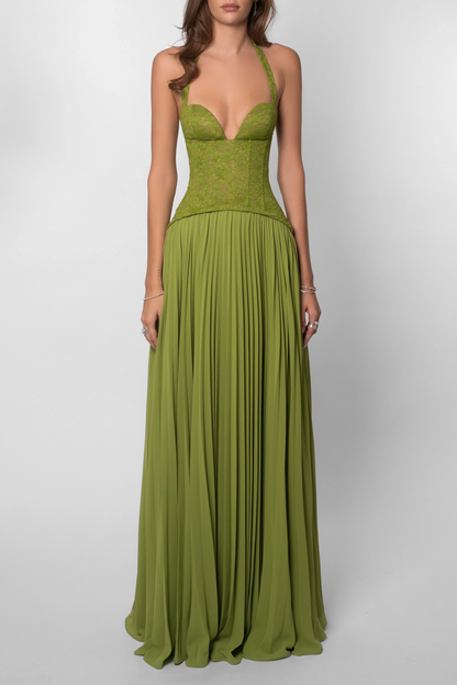 Glimmer Midi Dress | Green Corset, Pleated Skirt for Summer Parties 4