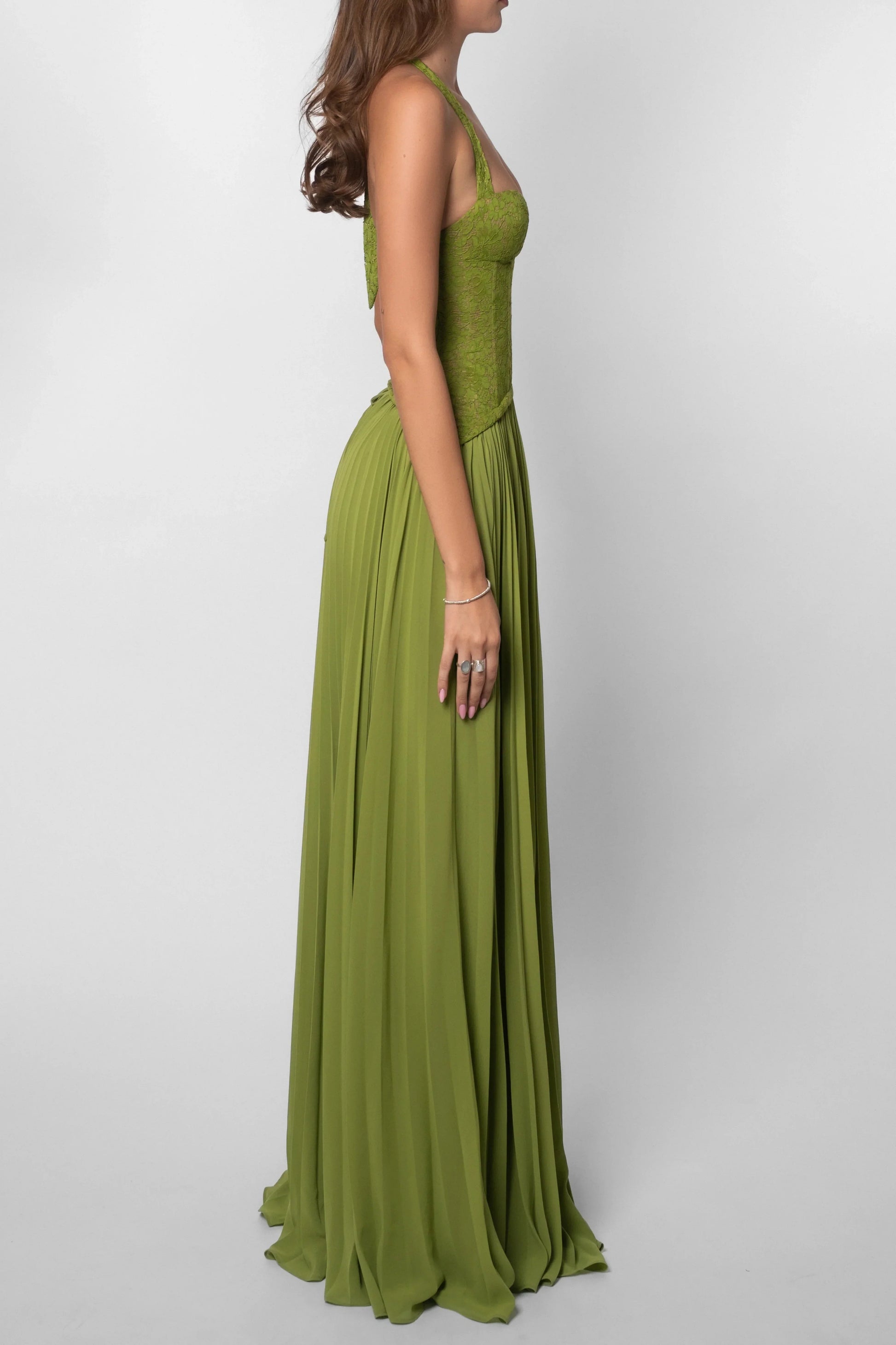 Glimmer Midi Dress | Green Corset, Pleated Skirt for Summer Parties 6