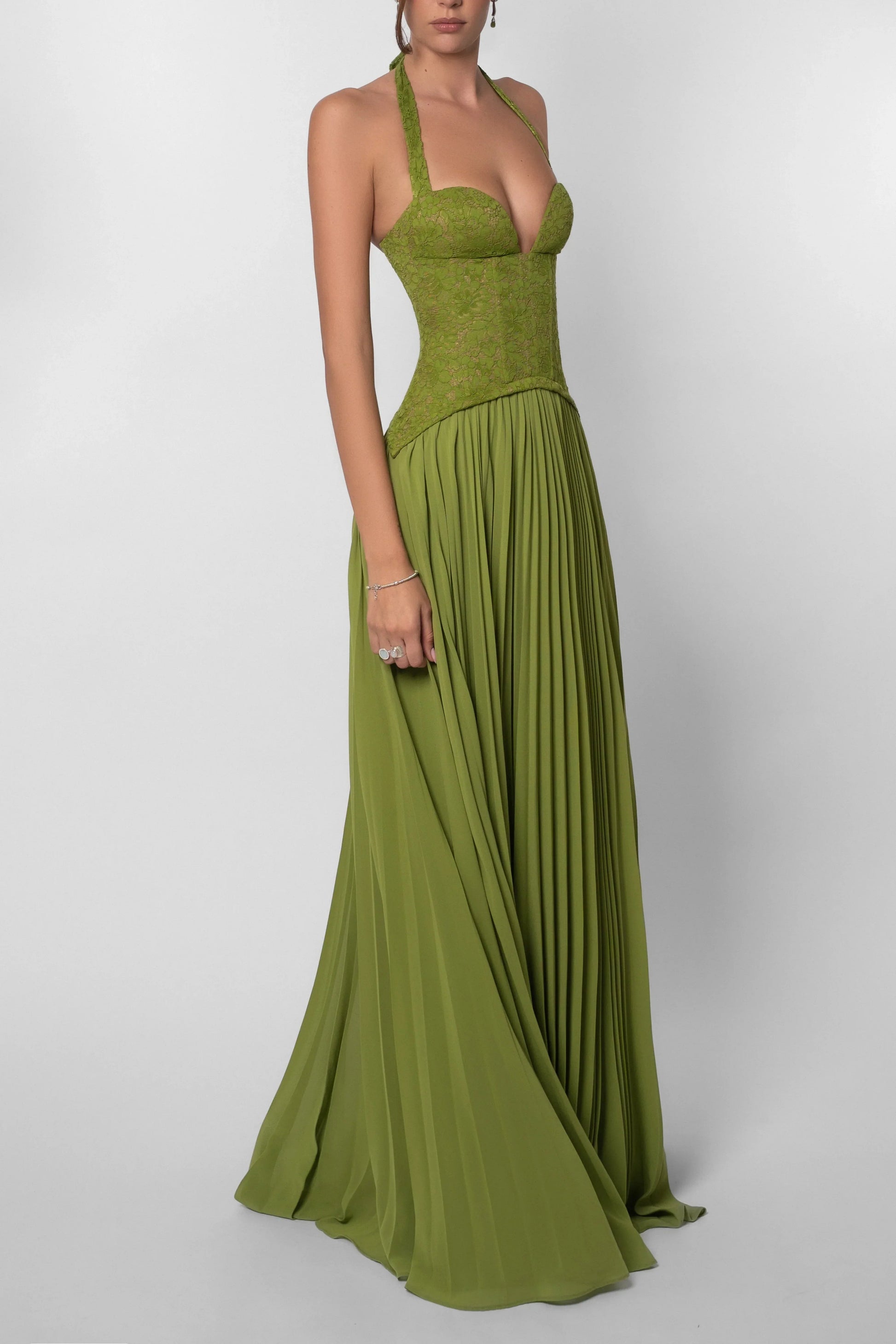 Glimmer Midi Dress | Green Corset, Pleated Skirt for Summer Parties 7