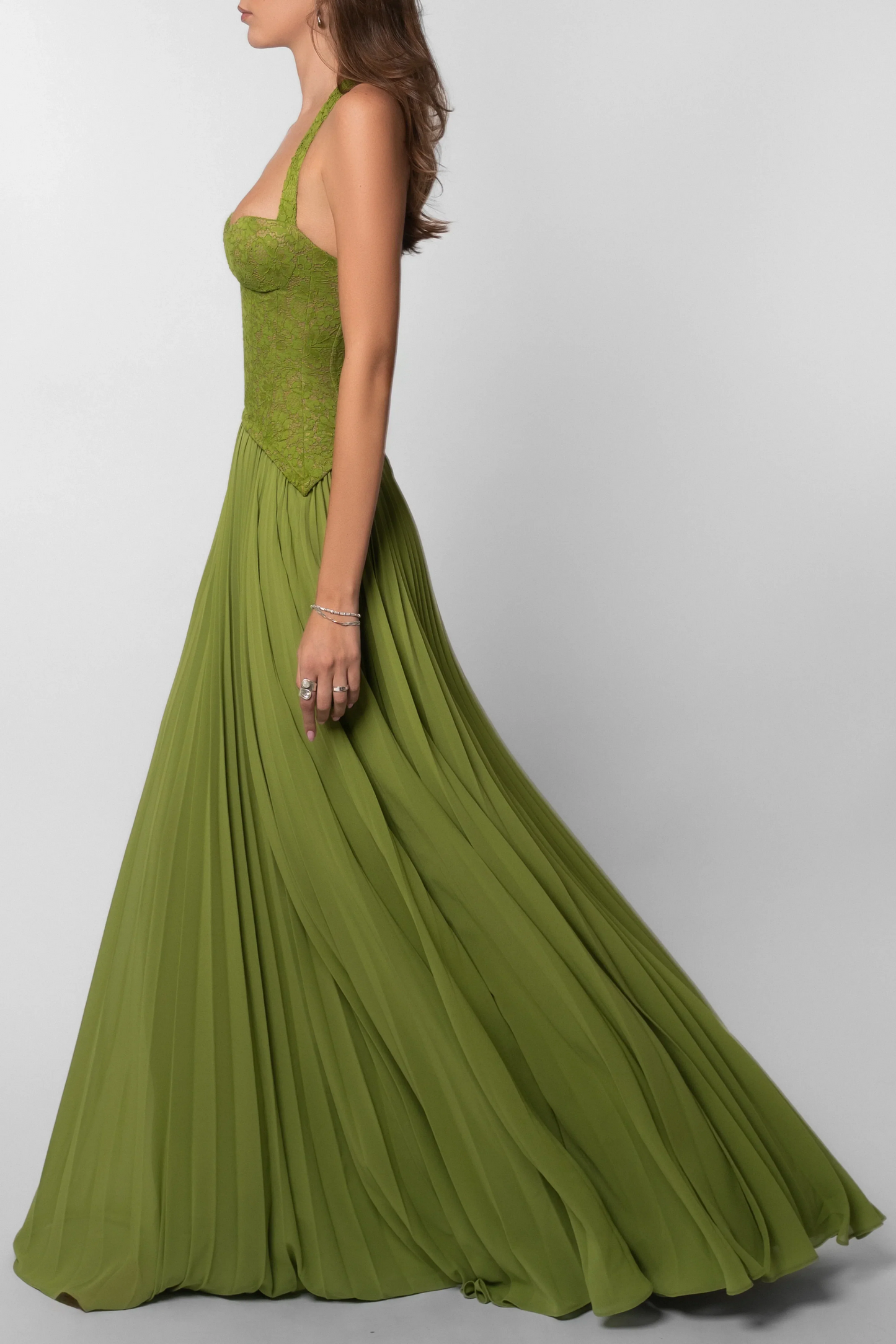 Glimmer Midi Dress | Green Corset, Pleated Skirt for Summer Parties 8