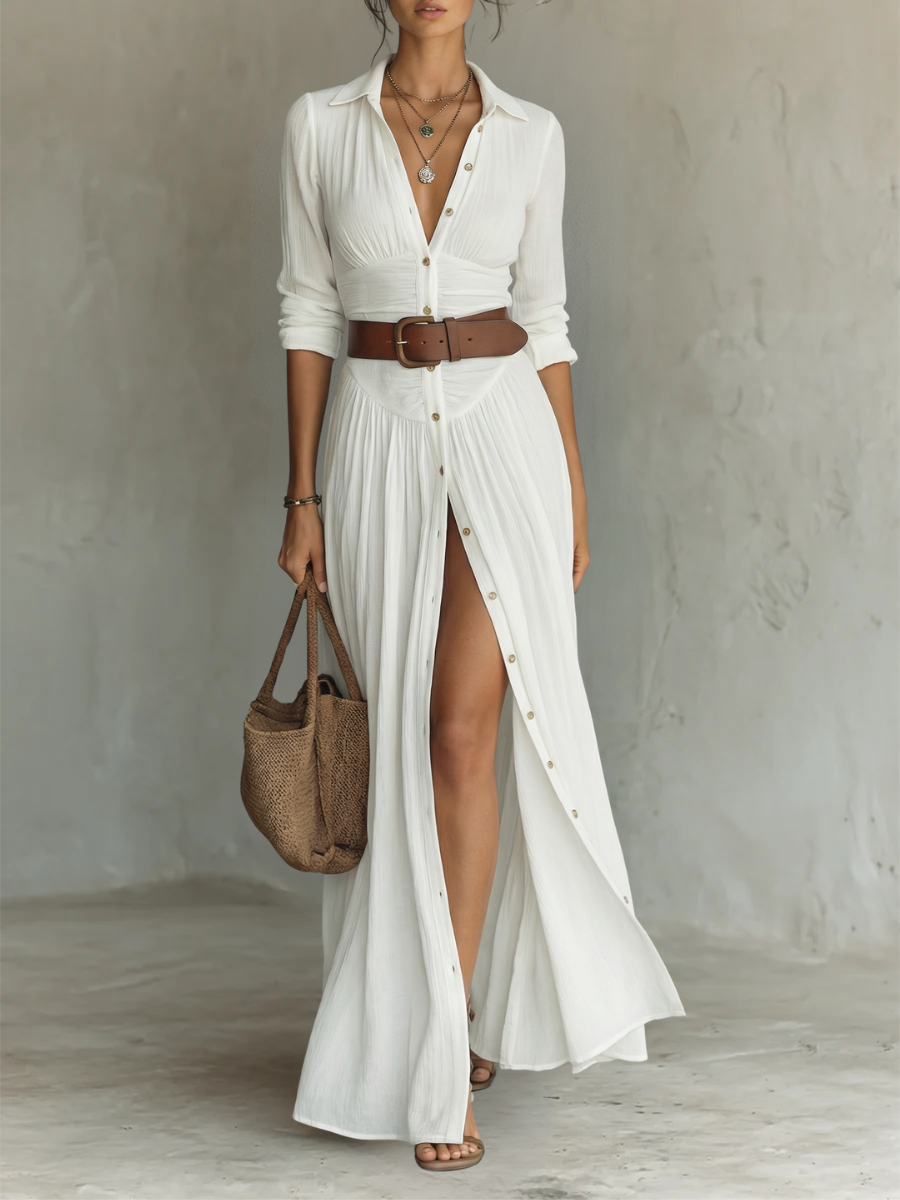 Haven Maxi Dress | Long Sleeve, Pleated Skirt, Collared 0