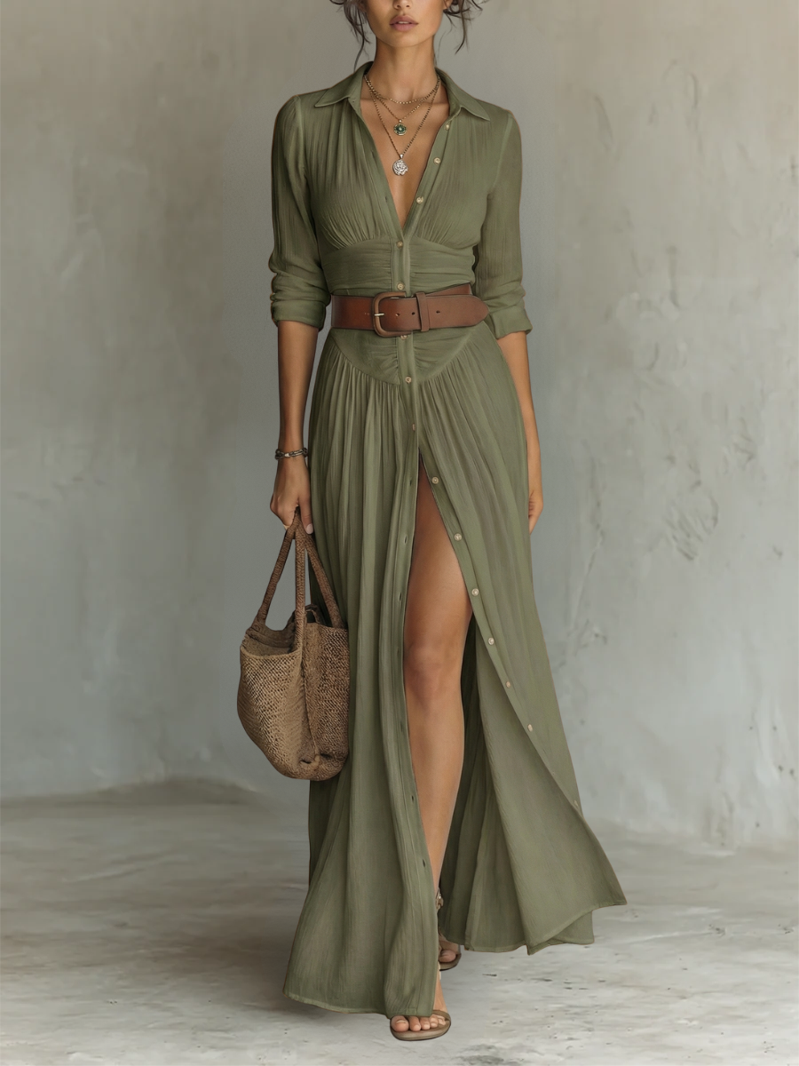 Haven Maxi Dress | Long Sleeve, Pleated Skirt, Collared 4