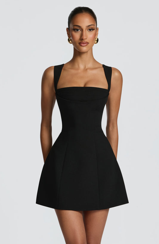 Iona Mini Dress | Black Crepe with Lace-Up Back, Formal Cocktail Style 0