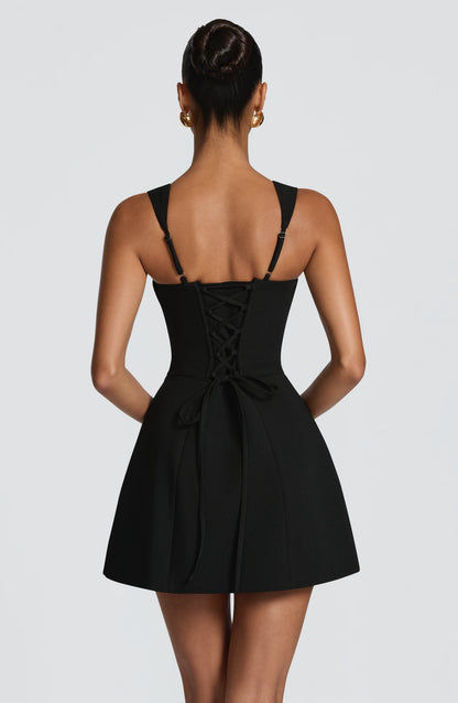 Iona Mini Dress | Black Crepe with Lace-Up Back, Formal Cocktail Style 1