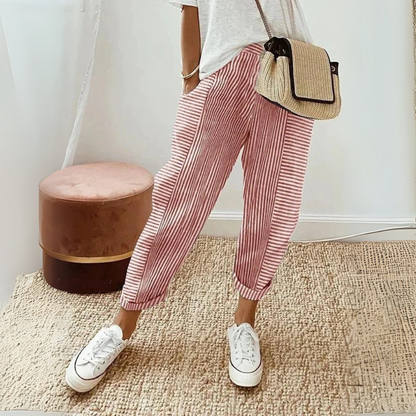 Luxe Comfort Women's Pants | High Waist, Stripe Design, Breathable Polyester 0