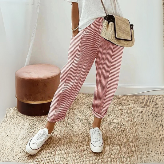 Luxe Comfort Women's Pants | High Waist, Stripe Design, Breathable Polyester 0