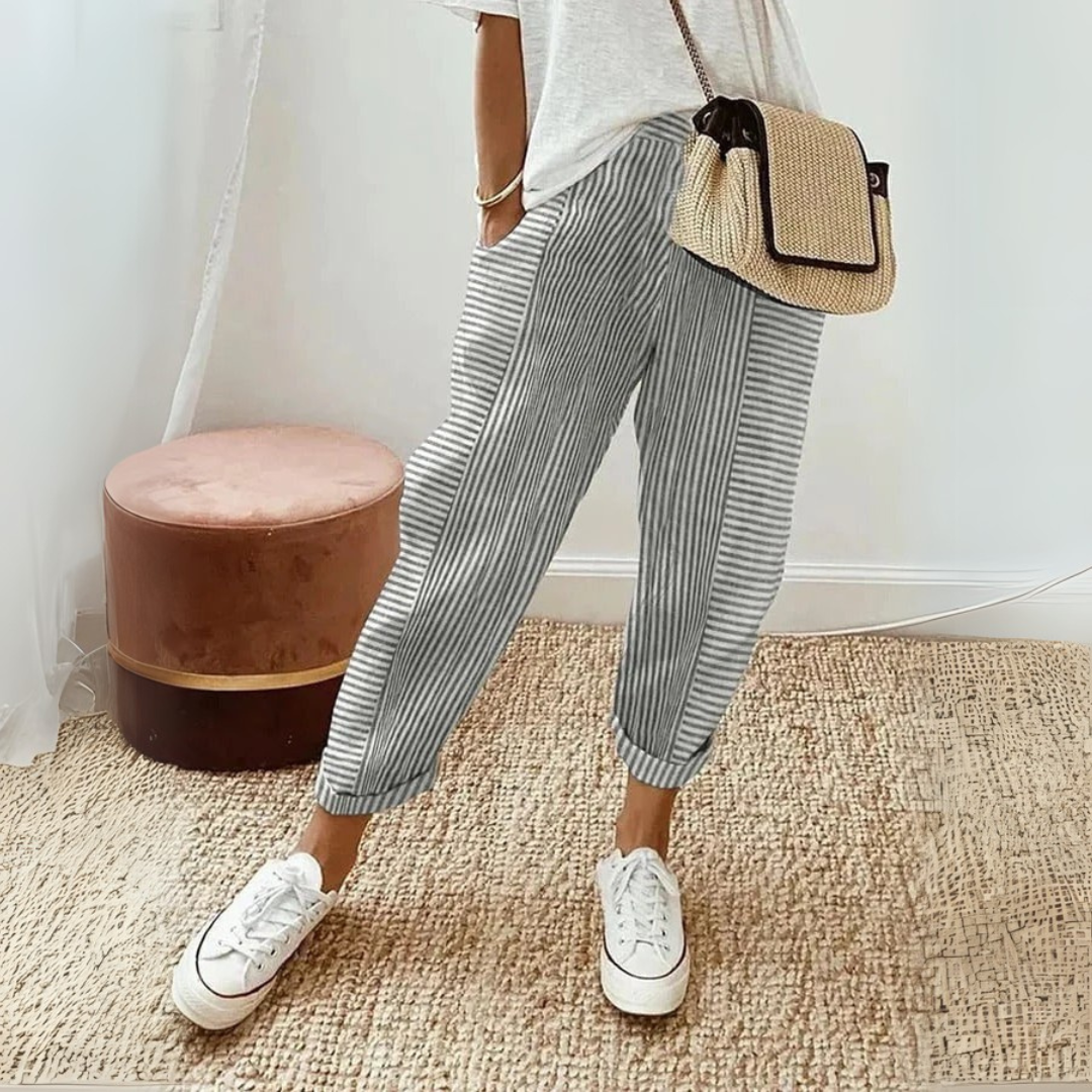 Luxe Comfort Women's Pants | High Waist, Stripe Design, Breathable Polyester 1